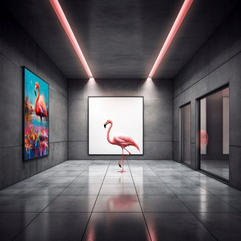 Een moderne galerij met een roze flamingo die in het midden van een strakke, minimalistische ruimte staat. Aan de linkerkant hangt een kleurrijk schilderij van een andere flamingo, terwijl het licht vanuit het plafond de ruimte verlicht