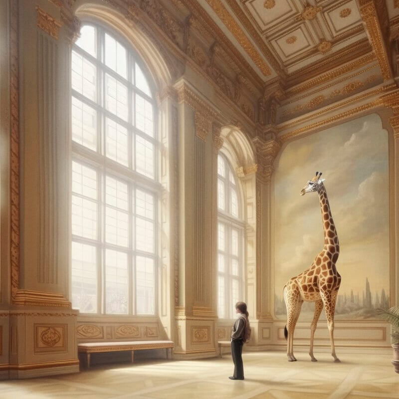 Een grootse zaal met hoge, sierlijke ramen en gouden details. Een giraffe staat in het midden van de ruimte, terwijl een jongen naar het dier kijkt, omringd door klassieke decoratie en een serene sfeer