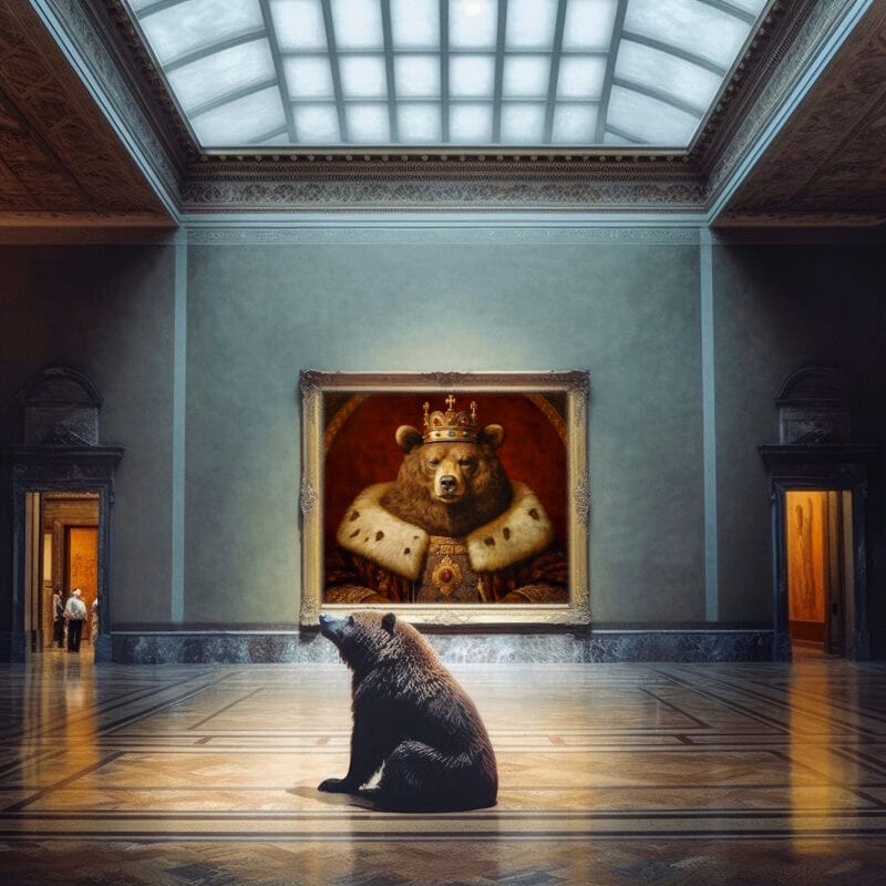 Een kunstwerk van Gwenny Eeckels uit de serie 'One Day At The Museum', waarin een beer in een museumruimte zit met zijn rug naar een koninklijk portret van een beer in vorstelijke kleding. Het werk symboliseert de afkeer van gezag en de menselijke projectie van macht op dieren