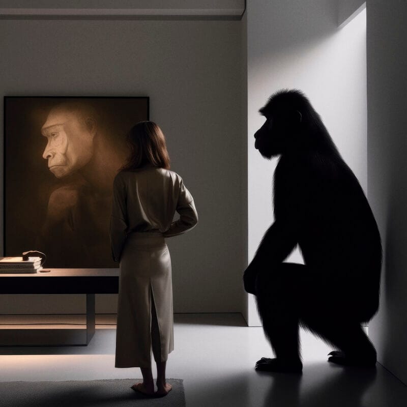 Een vrouw staat voor een schilderij van een aap, terwijl een grote aap in de schaduw naast haar zit en naar dezelfde afbeelding kijkt. De scène speelt zich af in een minimalistisch ingerichte kamer met een mysterieuze sfeer
