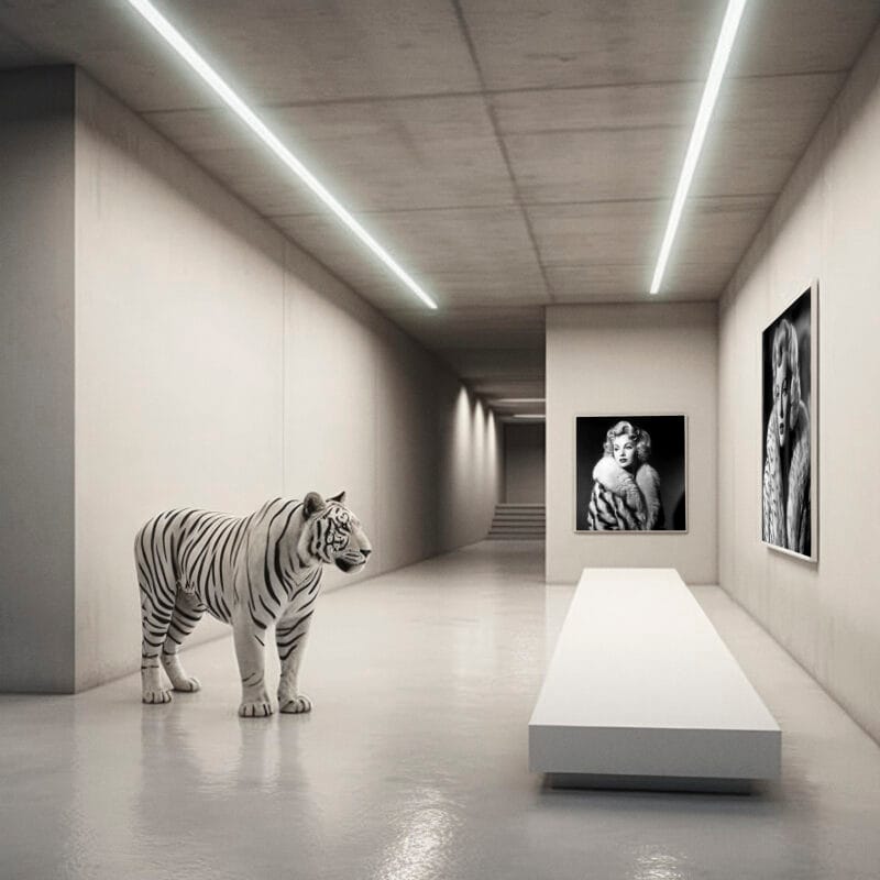 Nimbus, een witte tijger wandelt door een lange, betonnen gang in een galerij, waar aan de muren zwart-witfoto's van een beroemdheid Marilyn Manroe te zien zijn. De ruimte heeft een strakke, moderne inrichting met helder, kunstmatig licht. Deze afbeelding is een onderdeel van de serie "One Day At The museum" van Gwenny Eeckels
