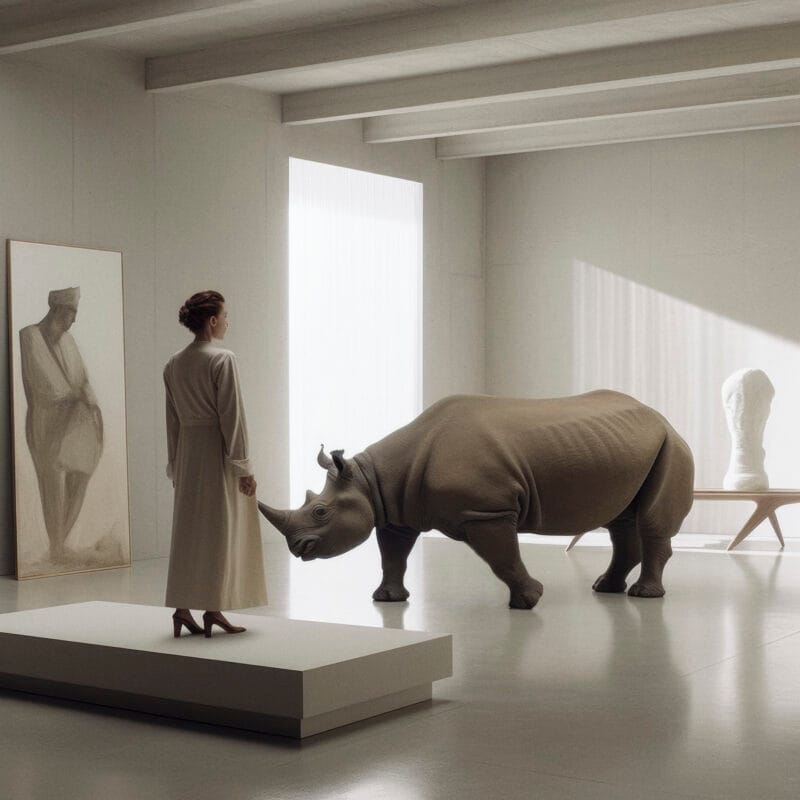 Een kunstwerk van Gwenny Eeckels uit de serie 'One Day At The Museum', waarin een neushoorn in een museumachtige ruimte staat en kijkt naar een vrouw op een platform, met haar jurk deels geopend. De vrouw staat als een object tentoongesteld, wat een omkering symboliseert van de traditionele rol van de neushoorn, wiens hoorn vaak wordt begeerd. Het werk speelt met de machtsverhouding tussen mens en dier en onderzoekt de thema’s van objectificatie en consumptie