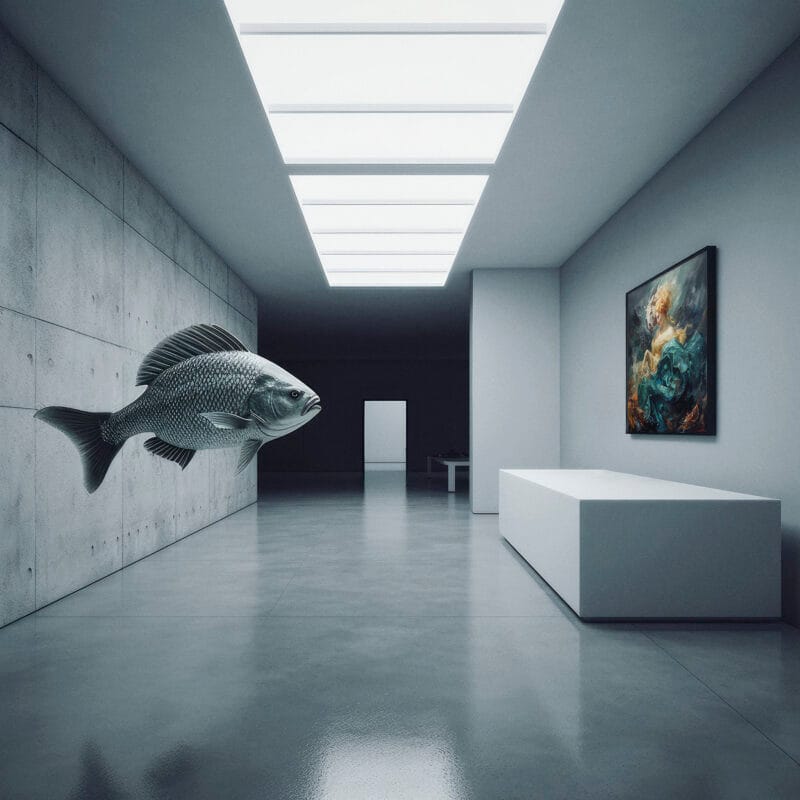 Moderne galerij met een minimalistische inrichting, waarin een zwevende, realistisch weergegeven vis te zien is, tegen een betonnen muur. Aan de rechterkant hangt een kleurrijk schilderij van een figuur omringd door golvende, dramatische kleuren. Het geheel heeft een surrealistische sfeer door de zwevende vis in contrast met de strakke, minimalistische ruimte