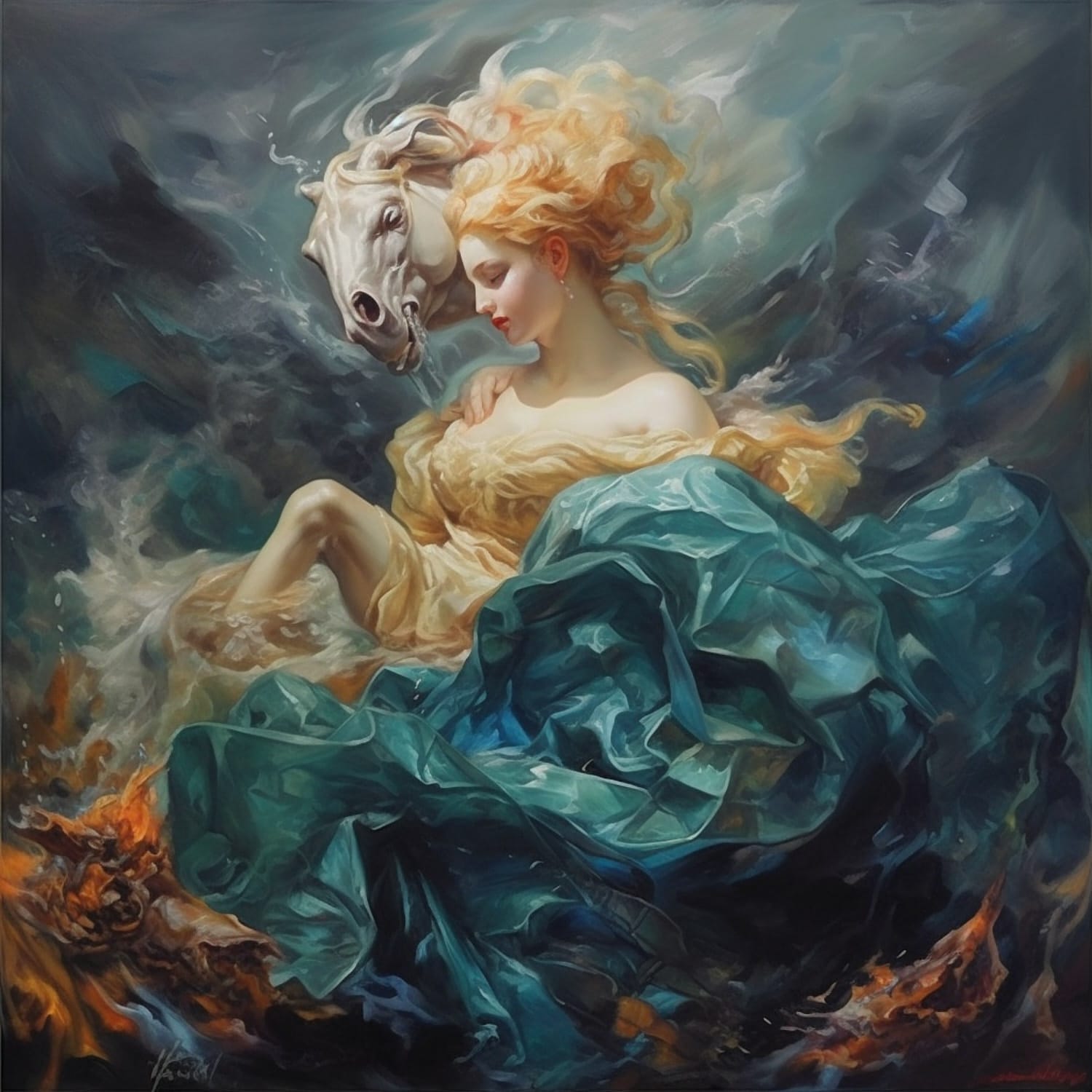 In "De Vis en het Verloren Zeepaardje" zien we een vis die naar een schilderij kijkt waarin een vrouw een jurk van plastic draagt, met naast haar een paard. Dit beeld symboliseert de tragische realiteit van vervuiling in onze oceanen. De vrouw in de plastic jurk staat symbool voor het menselijke gebruik van plastic en de schadelijke impact op zeedieren, terwijl het paard het kwetsbare zeepaardje vertegenwoordigt, dat vaak te zien is in beelden van zeedieren verstrikt in plastic afval