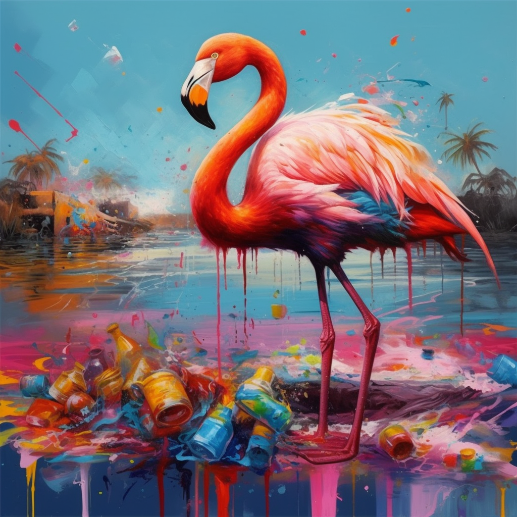 Schilderij van een felgekleurde flamingo die in een vervuilde omgeving staat, omringd door plastic afval in een vervuild waterlandschap. De achtergrond is een levendige mix van kleurrijke verfspatten in pop art-stijl, met palmbomen in de verte. Het contrast tussen de schoonheid van de flamingo en de vervuiling van zijn omgeving benadrukt het thema van milieuvervuiling en menselijke impact op de natuur.