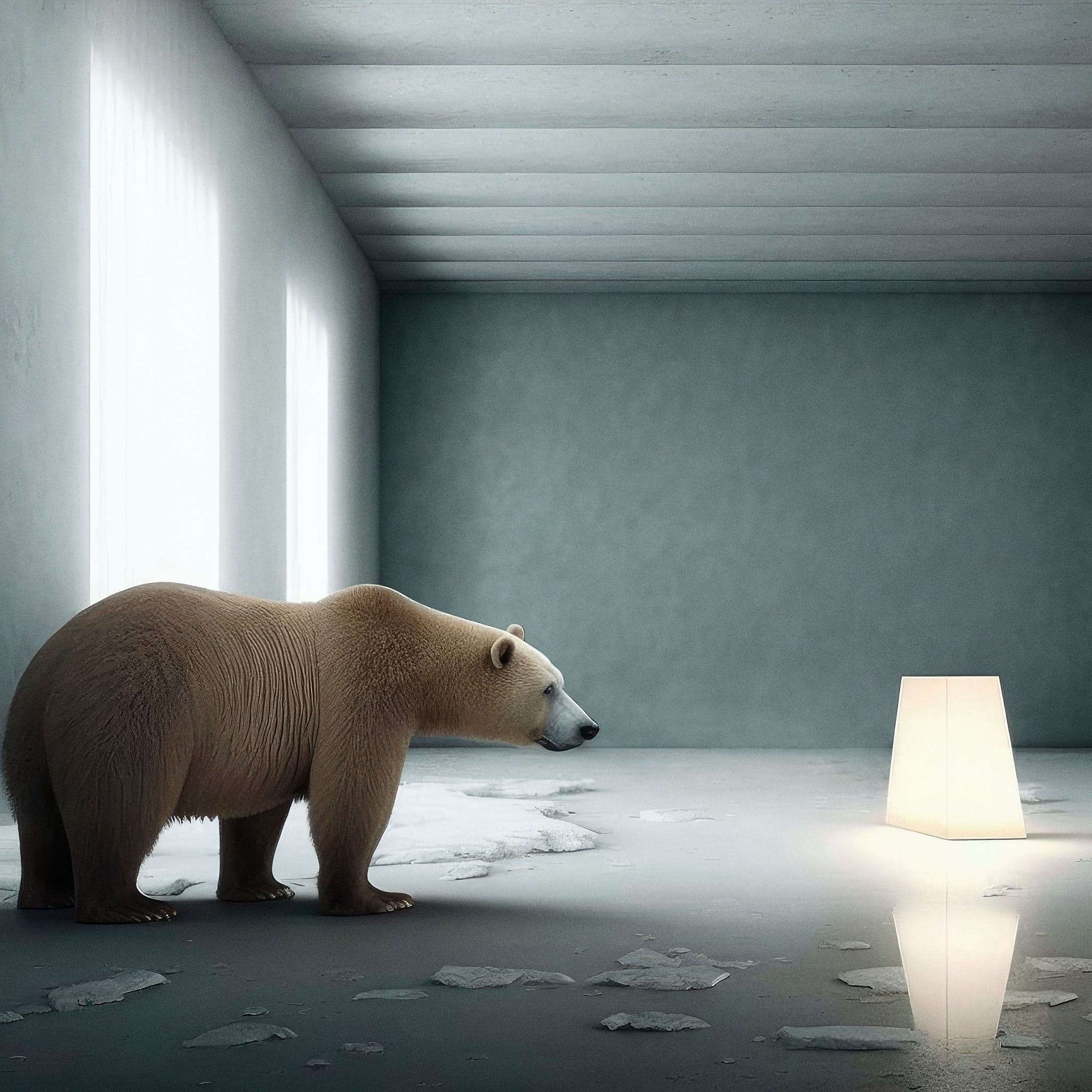 Een ijsbeer staat in een minimalistische kamer met ijsvlakken op de grond. Voor hem staat een enkele, zacht verlichte, moderne lamp, wat een surrealistische en rustige sfeer creëert