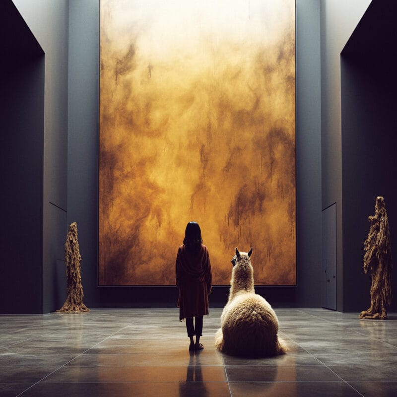 Een kunstwerk van Gwenny Eeckels uit de serie 'One Day At The Museum', waarin de lama Mona samen met een kind naar een groot schilderij kijkt dat de vurige gloed van de brandende Amazone in Zuid-Amerika weergeeft. Het werk symboliseert de vernietiging van het regenwoud en de machteloosheid tegenover de natuurramp